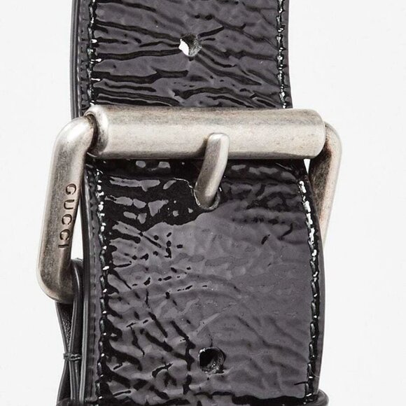 Gucci Black Patent Leather Rubber Game Patch Logo Belt Bag Size 85/34 - Picture 8 of 10